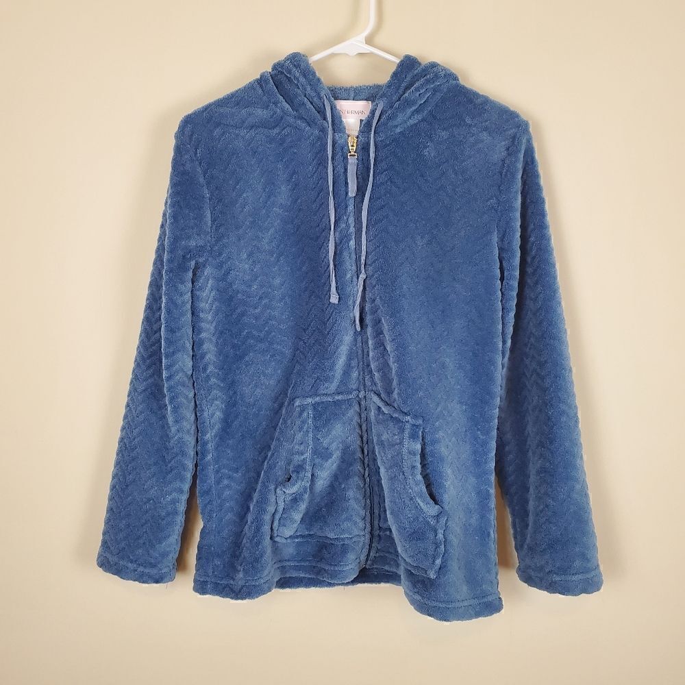 Stan Herman Blue Chevron Soft Plush Zip Up Hooded Jacket Size medium